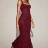 Vasanta Embellished Appliqué Soft-Scoop Corset Gown in Wine Red