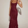Vasanta Embellished Appliqué Soft-Scoop Corset Gown in Wine Red