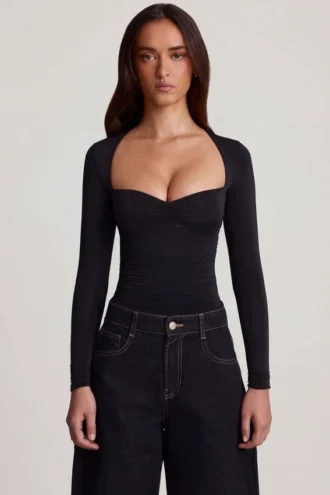 Vayla Soft Jersey Sweetheart Ruched Long-Sleeve Top in Black