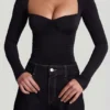 Vayla Soft Jersey Sweetheart Ruched Long-Sleeve Top in Black