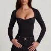 Vayla Soft Jersey Sweetheart Ruched Long-Sleeve Top in Black