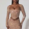 Veah Embellished Asymmetric Mid-Rise Mini Skirt in Almond