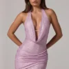 Velar Embellished Cowl-Neck Low-Back Mini Dress in Pink