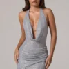 Velar Embellished Cowl-Neck Low-Back Mini Dress in Silver