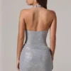 Velar Embellished Cowl-Neck Low-Back Mini Dress in Silver
