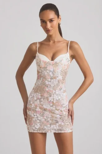 Velena Embellished Camisole Bodycon Mini Dress in Ivory