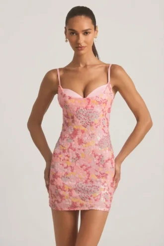 Velena Embellished Camisole Bodycon Mini Dress in Pink