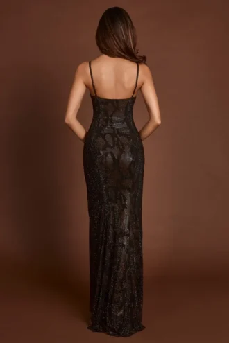 Velia Embellished Peekaboo Cowl-Neck Dress in Brown Snake