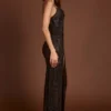 Velia Embellished Peekaboo Cowl-Neck Dress in Brown Snake