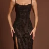 Velia Embellished Peekaboo Cowl-Neck Dress in Brown Snake
