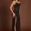 Velia Embellished Peekaboo Cowl-Neck Dress in Brown Snake
