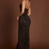 Velia Embellished Peekaboo Cowl-Neck Dress in Brown Snake