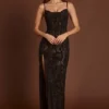 Velia Embellished Peekaboo Cowl-Neck Dress in Brown Snake