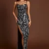 Velia Embellished Peekaboo Cowl-Neck Dress in Silver Snake