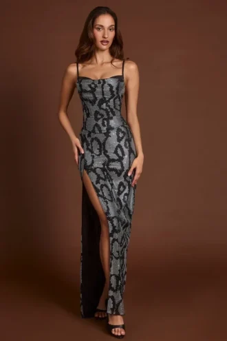 Velia Embellished Peekaboo Cowl-Neck Dress in Silver Snake