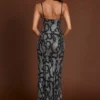 Velia Embellished Peekaboo Cowl-Neck Dress in Silver Snake