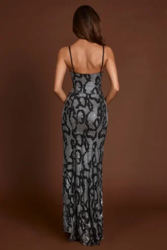 Velia Embellished Peekaboo Cowl-Neck Dress in Silver Snake