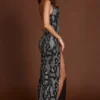 Velia Embellished Peekaboo Cowl-Neck Dress in Silver Snake
