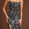 Velia Embellished Peekaboo Cowl-Neck Dress in Silver Snake