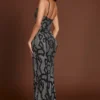 Velia Embellished Peekaboo Cowl-Neck Dress in Silver Snake