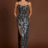 Velia Embellished Peekaboo Cowl-Neck Dress in Silver Snake