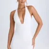 Vella Cowl-Back Halterneck Mini Dress in White