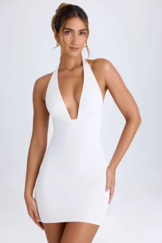 Vella Cowl-Back Halterneck Mini Dress in White