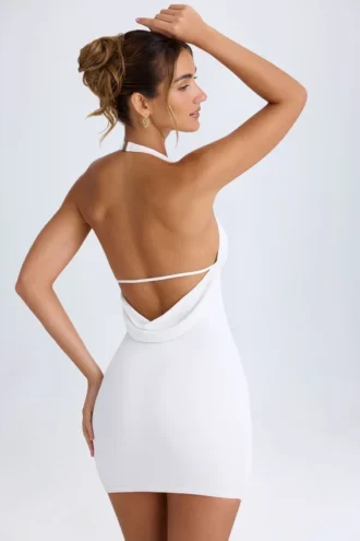Vella Cowl-Back Halterneck Mini Dress in White