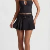 Velora Belted Low-Rise Pleated Mini Skirt in Black