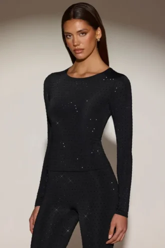 Venia Embellished Crew-Neck Long-Sleeve Top in Black