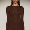 Venia Embellished Crew-Neck Long-Sleeve Top in Chocolate Brown