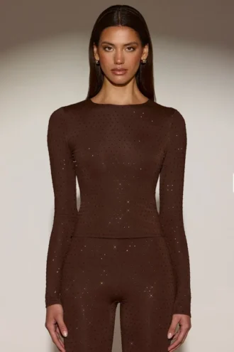 venia embellished crew neck long sleeve top in chocolate brown 1 330x495 - Venia Embellished Crew-Neck Long-Sleeve Top in Chocolate Brown