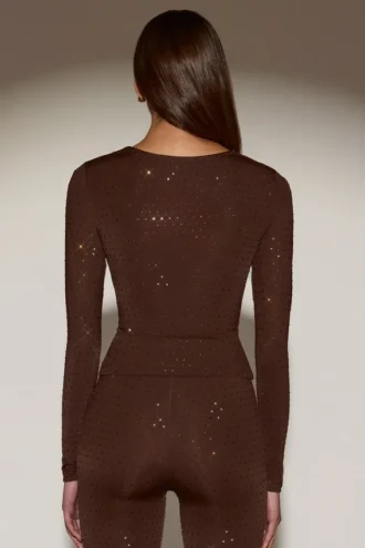 venia embellished crew neck long sleeve top in chocolate brown 2 330x495 - Venia Embellished Crew-Neck Long-Sleeve Top in Chocolate Brown