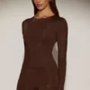 Venia Embellished Crew-Neck Long-Sleeve Top in Chocolate Brown