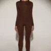 Venia Embellished Crew-Neck Long-Sleeve Top in Chocolate Brown
