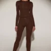 Venia Embellished Crew-Neck Long-Sleeve Top in Chocolate Brown