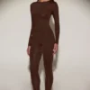 Venia Embellished Crew-Neck Long-Sleeve Top in Chocolate Brown