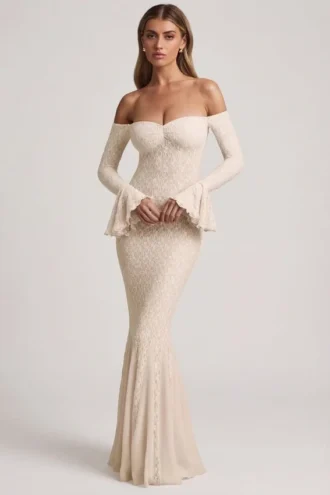 Verena Off-Shoulder Ruffle Lace Maxi Dress in Ivory