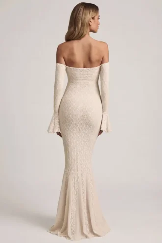 Verena Off-Shoulder Ruffle Lace Maxi Dress in Ivory