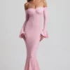 Verena Off-Shoulder Ruffle Lace Maxi Dress in Soft Pink
