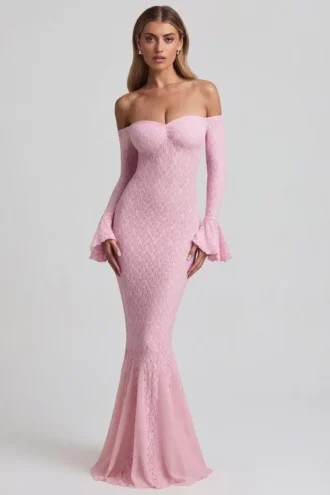 Verena Off-Shoulder Ruffle Lace Maxi Dress in Soft Pink