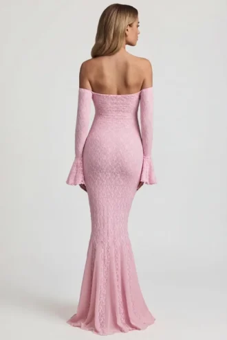 Verena Off-Shoulder Ruffle Lace Maxi Dress in Soft Pink