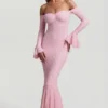Verena Off-Shoulder Ruffle Lace Maxi Dress in Soft Pink
