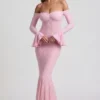 Verena Off-Shoulder Ruffle Lace Maxi Dress in Soft Pink