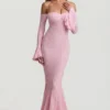 Verena Off-Shoulder Ruffle Lace Maxi Dress in Soft Pink