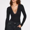 Verity Ribbed Modal Long-Sleeve Plunge Bodysuit in Black