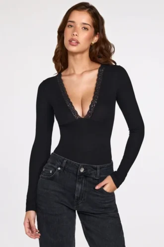Verity Ribbed Modal Long-Sleeve Plunge Bodysuit in Black