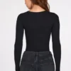 Verity Ribbed Modal Long-Sleeve Plunge Bodysuit in Black