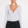 Verity Ribbed Modal Long-Sleeve Plunge Bodysuit in Grey