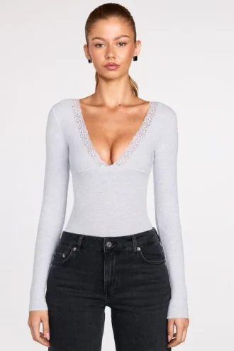 Verity Ribbed Modal Long-Sleeve Plunge Bodysuit in Grey